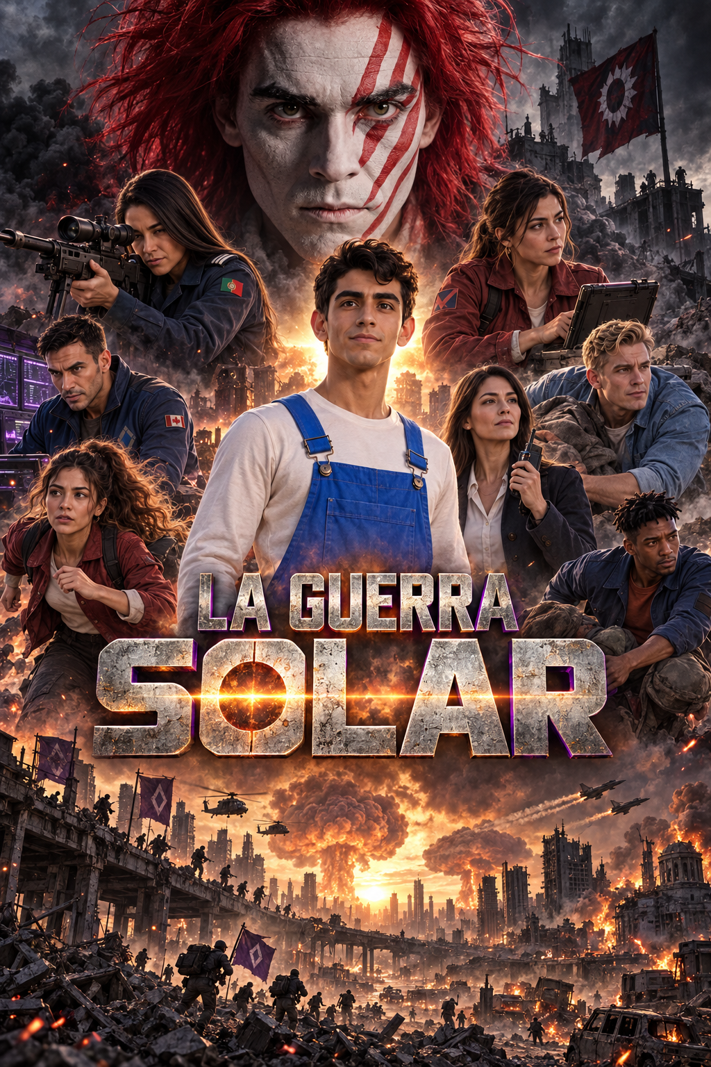 Elenco de La Guerra Solar ante una ciudad en llamas